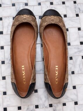 Coach Brown Signature Canvas Ballet Flats with Leather Heel/ Toe Caps | Size 8